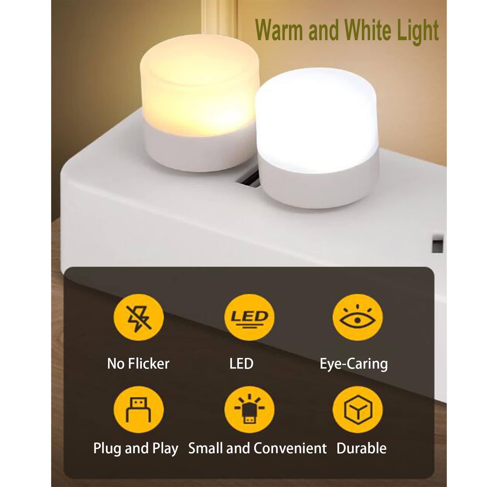 LOYAAUY USB Night Light, LED Mini Bulb, Warm White, Plug-in, 6 Pack, for Bedroom, Bathroom, Nursery, Kitchen, Car, 6 White