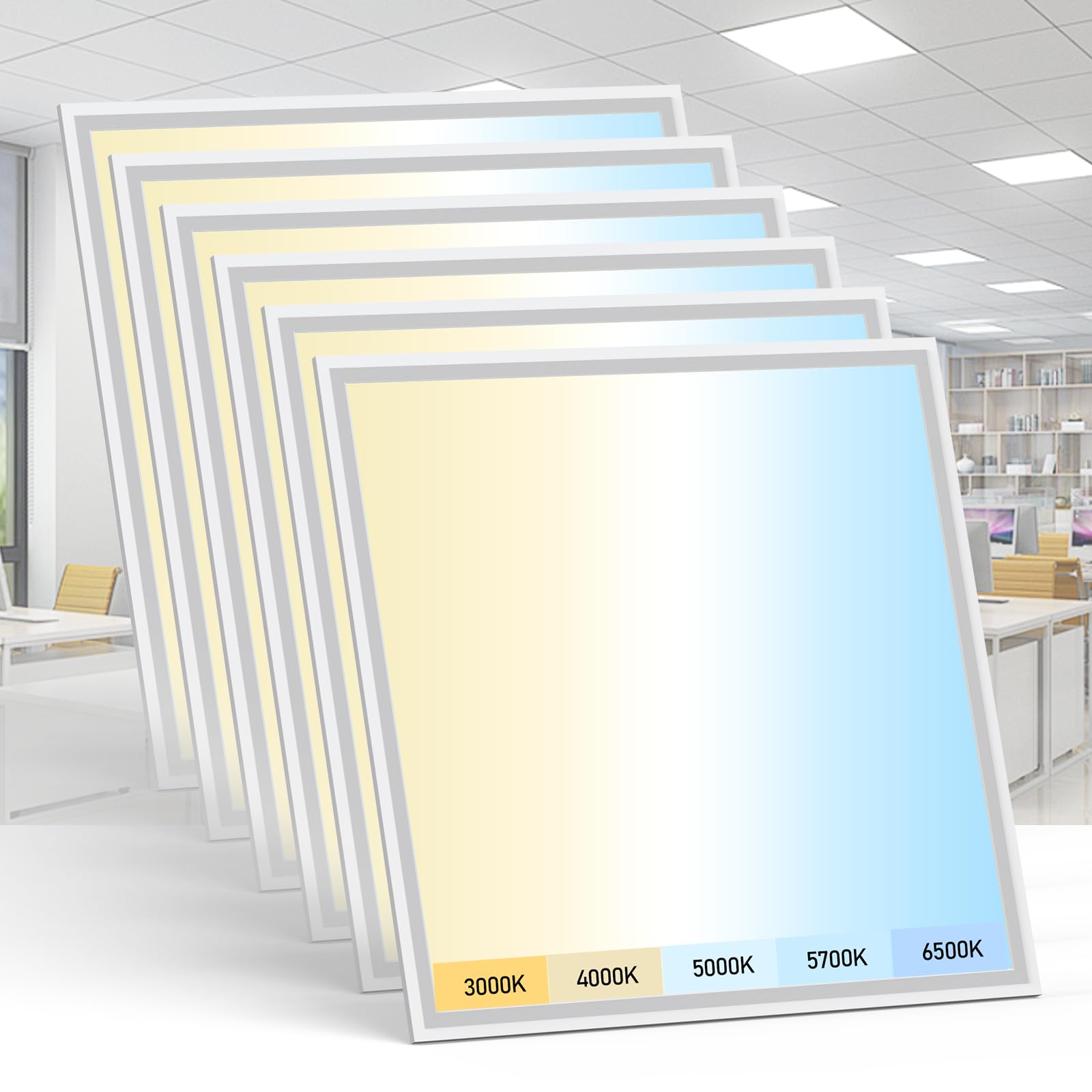 AIKVSXER 6 Pack 2x2 LED Flat Panel Light - Selectable 5 CCT 3000K-6500K & 5 Wattage 30-50W 4400Lm 0-10V Dimmable 2x2 led Drop Ce