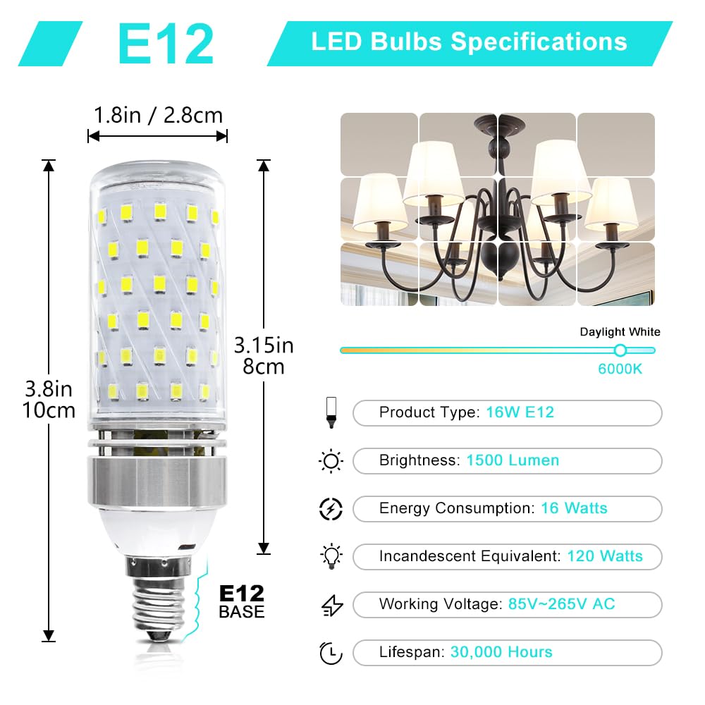 LEDLightsWorld Super Bright E12 LED Bulbs, 16W 1500LM, Daylight White 6000K, Pack of 12, Non-Dimmable, CRI80+