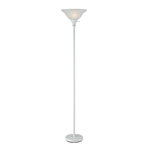 Benjara 3 Way Torchiere Floor Lamp With Frosted Glass Shade And Stable Base, White