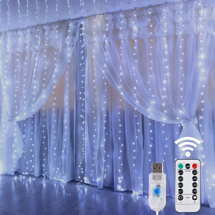 100 LED White Curtain Light for Party/Wedding/Festival/Christmas,Window Blinking String Light for Bedroom/Living Room,USB Plug w