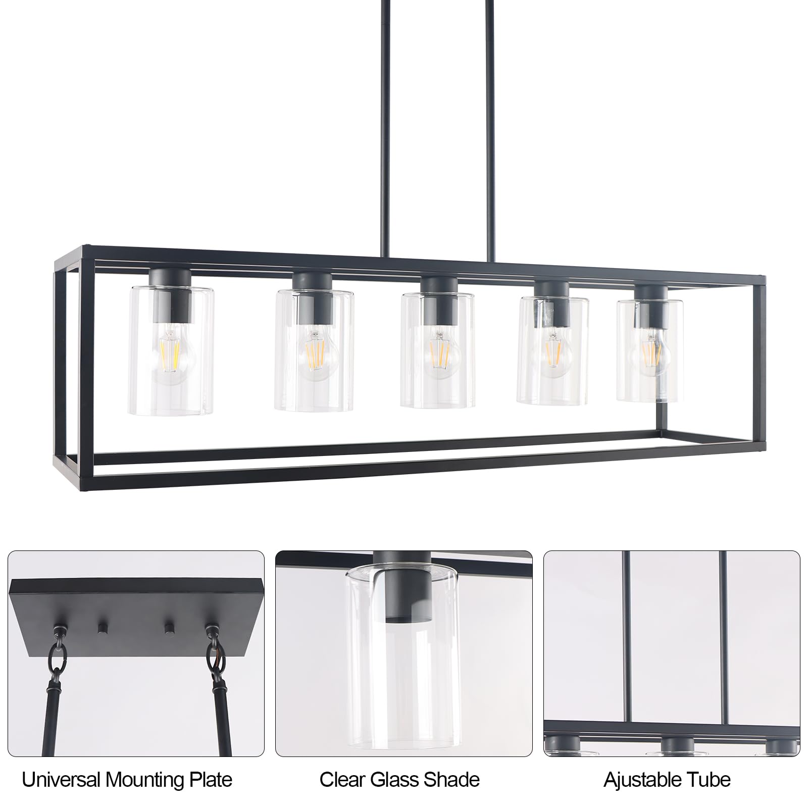 Kalium 5-Light Metal Chandelier – Modern Black Pendant Light Fixture for Dining Room, Kitchen, Bar, Coffee Shop