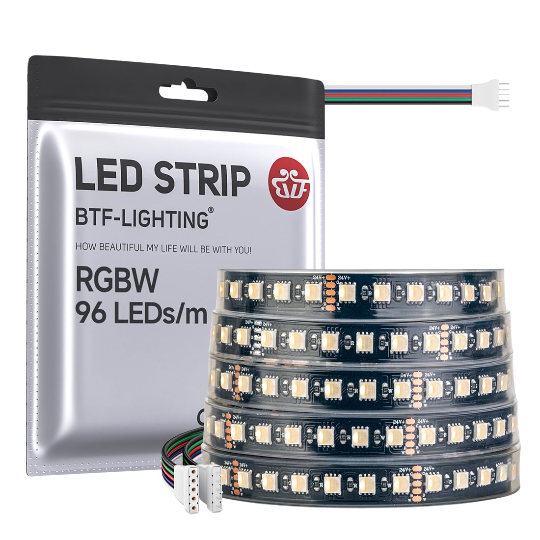 BTF-LIGHTING 5050 RGBW RGB+Warm White(2700K-3000K) 4 Colors in 1 LED 5m 16.4ft 96LED/m DC24V Multi-Colored LED Tape Lights IP67 Waterproof Black 14mm PCB for Home Decoration(No Adapter or Controller)