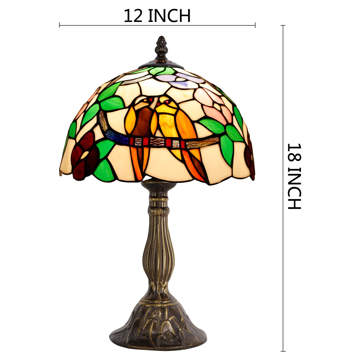 WERFACTORY Tiffany Table Lamp, Stained Glass Bedside Light, 12x12x18 Inches, Double Tropical Birds S803 Series