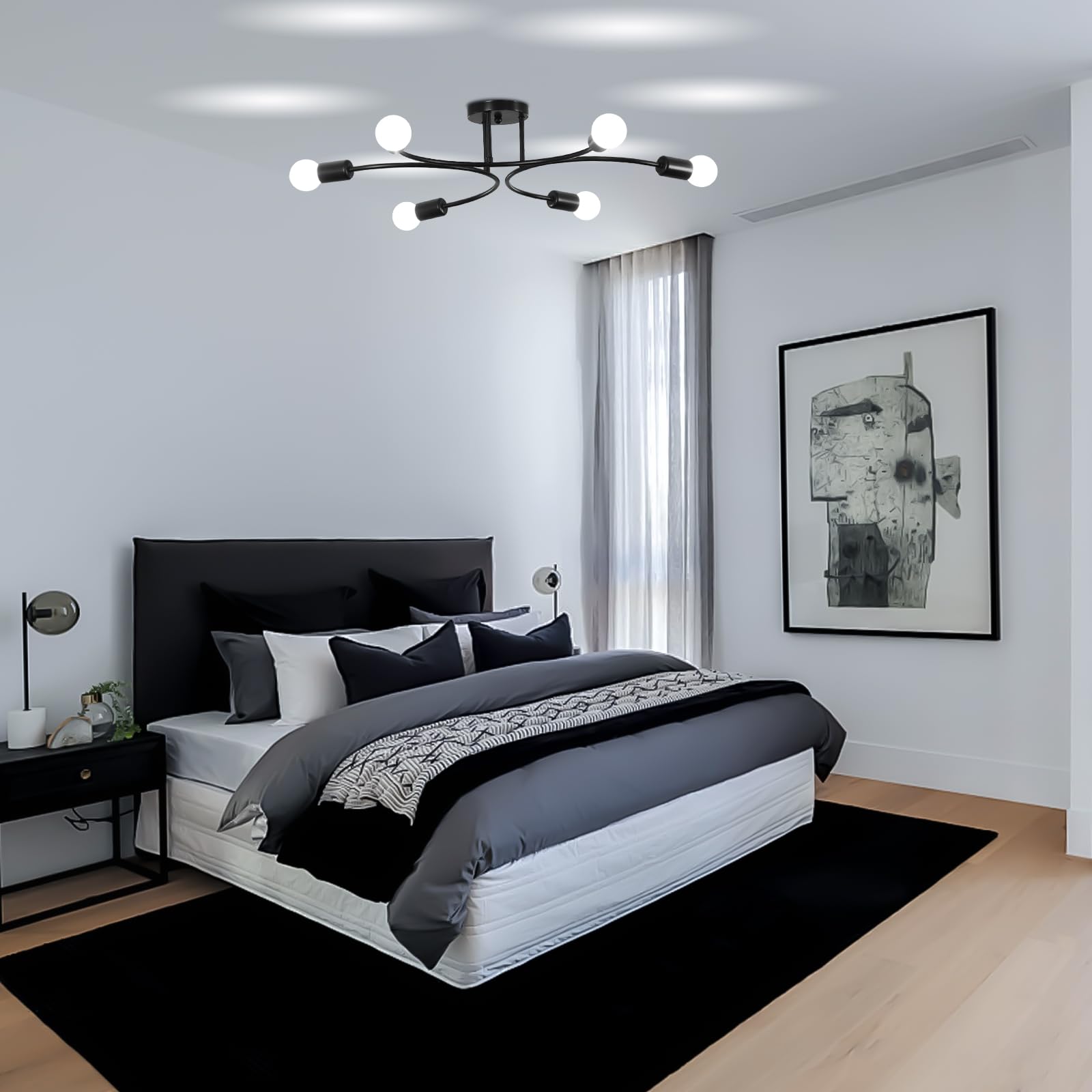 Frixchur Modern Semi Flush Mount Ceiling Light Fixture 6-Lights Sputnik Chandelier Light Black And Gold Close To Ceiling Light F