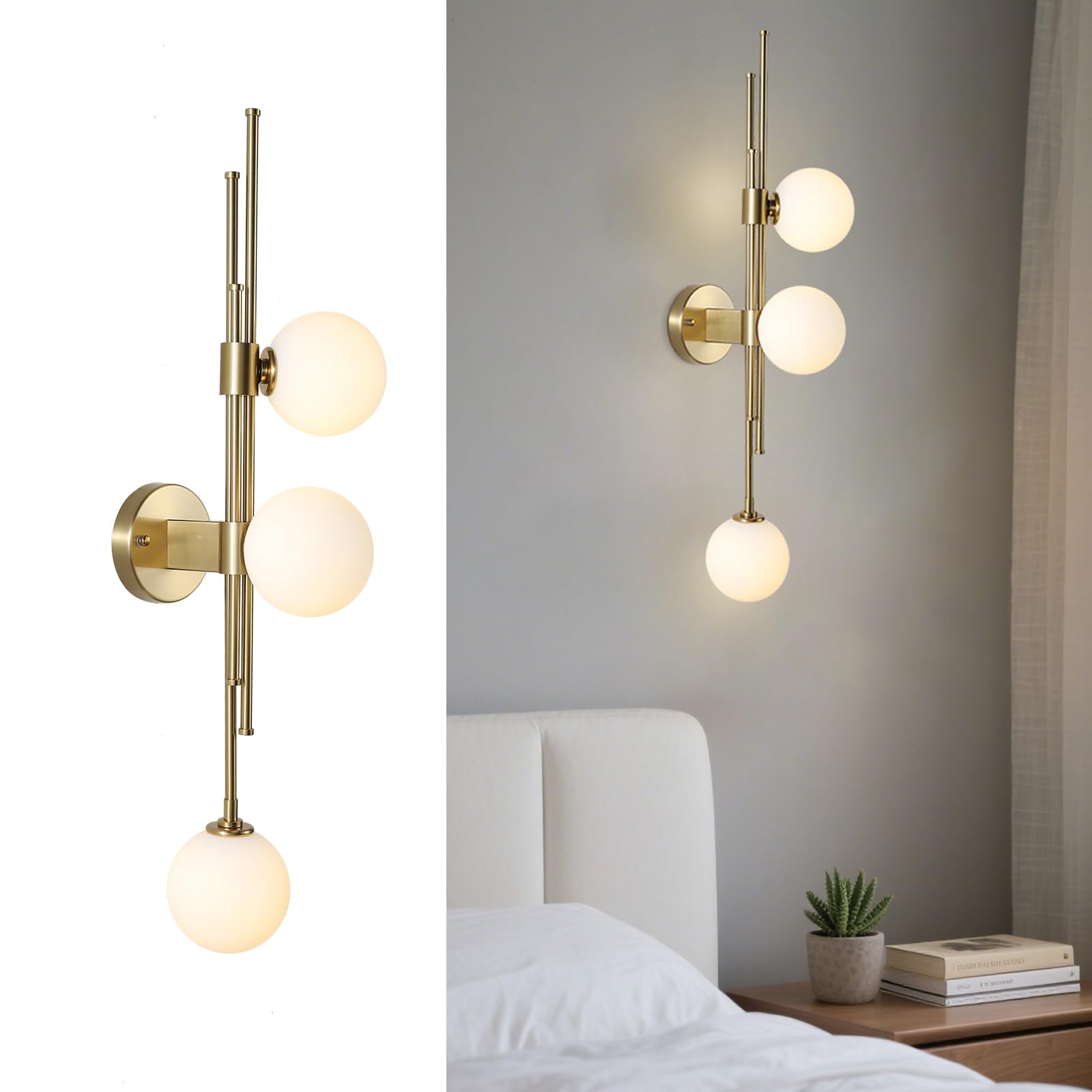 Fulesi 3-Light Globe Wall Sconces  Mid Century Modern Wall Light Fixtures  Vanity Lights with White Glass Shade  Metal Wall Light for Bedroom Living Room