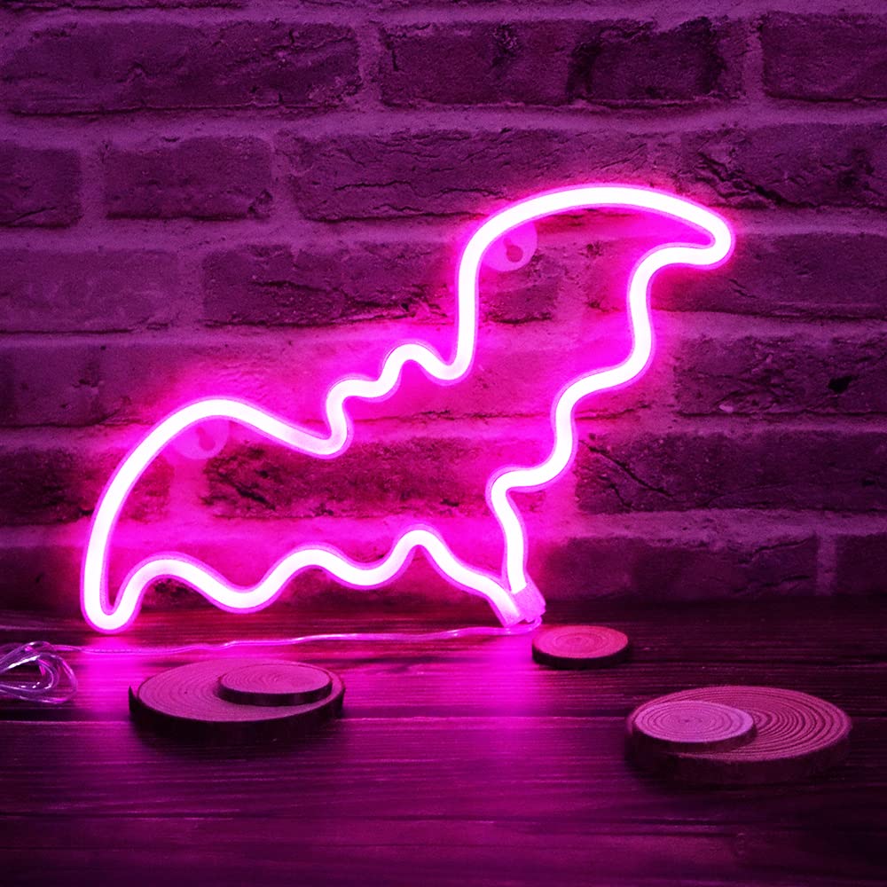 Vicila Pink Led Neon Bat Light - Halloween Decor, Battery Operated Table Lamp For Bedroom & Bar