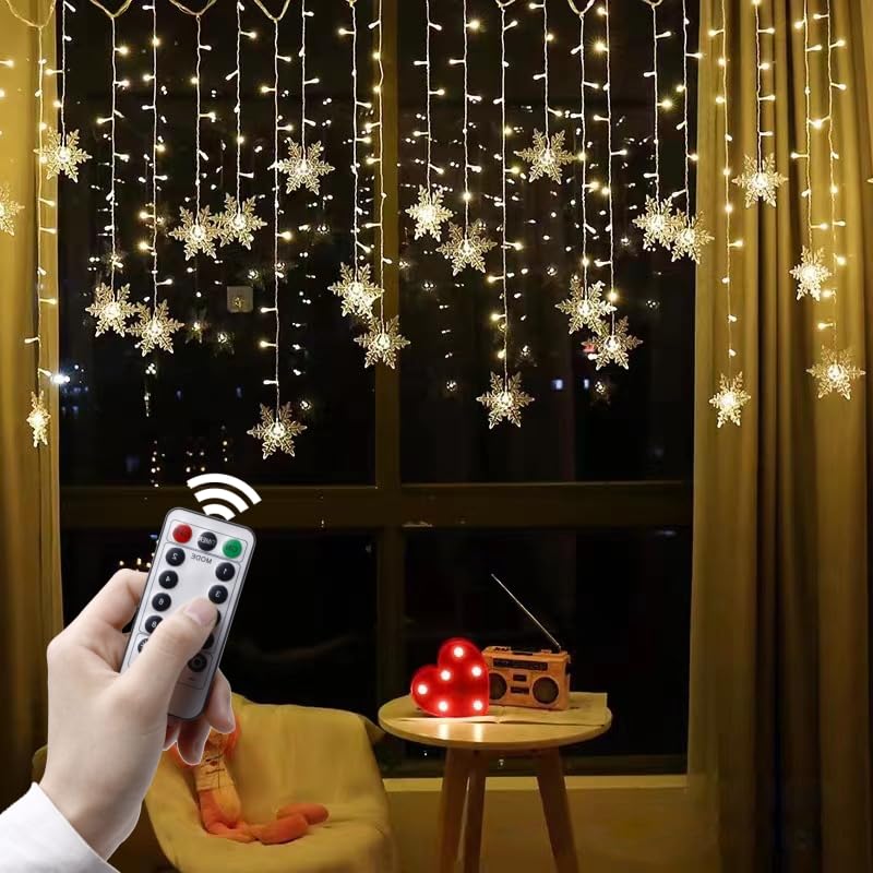 GRUPRIP LED Christmas Curtain Lights Snowflake Lights Decorations with Remote Control USB Powered 24 Snowflakes 120 LEDs Window String Lights with 8 Modes Decor Christmas Wedding Party Wall Home Decor
