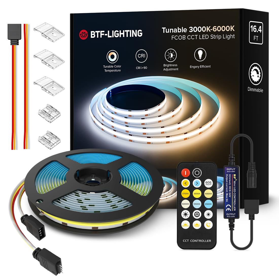 Btf-Lighting Fcob Led Strip Kit 16.4Ft Rf Dimmable 3000K-6000K White 640Led/M Dc24V For Bedroom Kitchen Under Cabinet