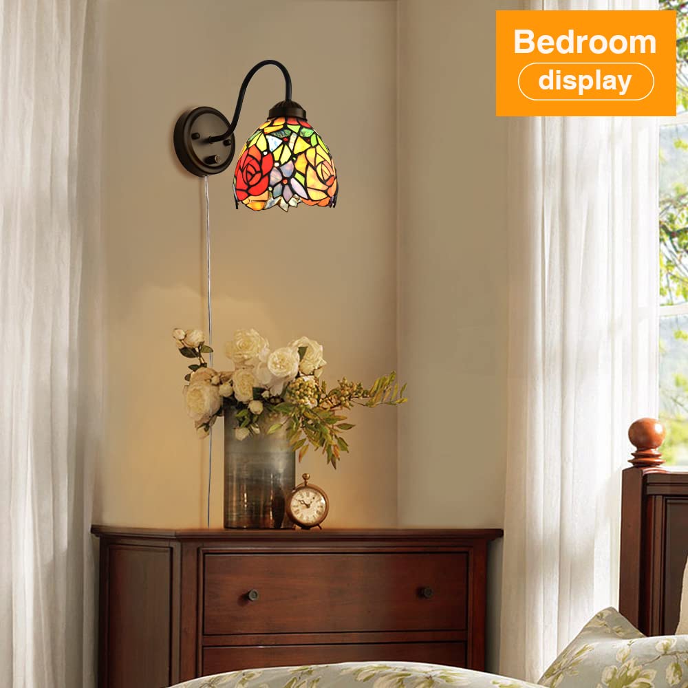 Dengmall Tiffany Rose Wall Mount Lamp, Dimmable Vintage Gooseneck Sconce For Bedroom & Living Room