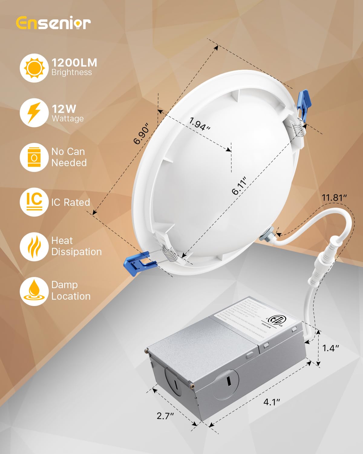 Ensenior 6 Inch Gimbal LED Recessed Lighting, 90° Rotatable, 5CCT Dimmable, 1200LM, 4 Pack, Model 769044