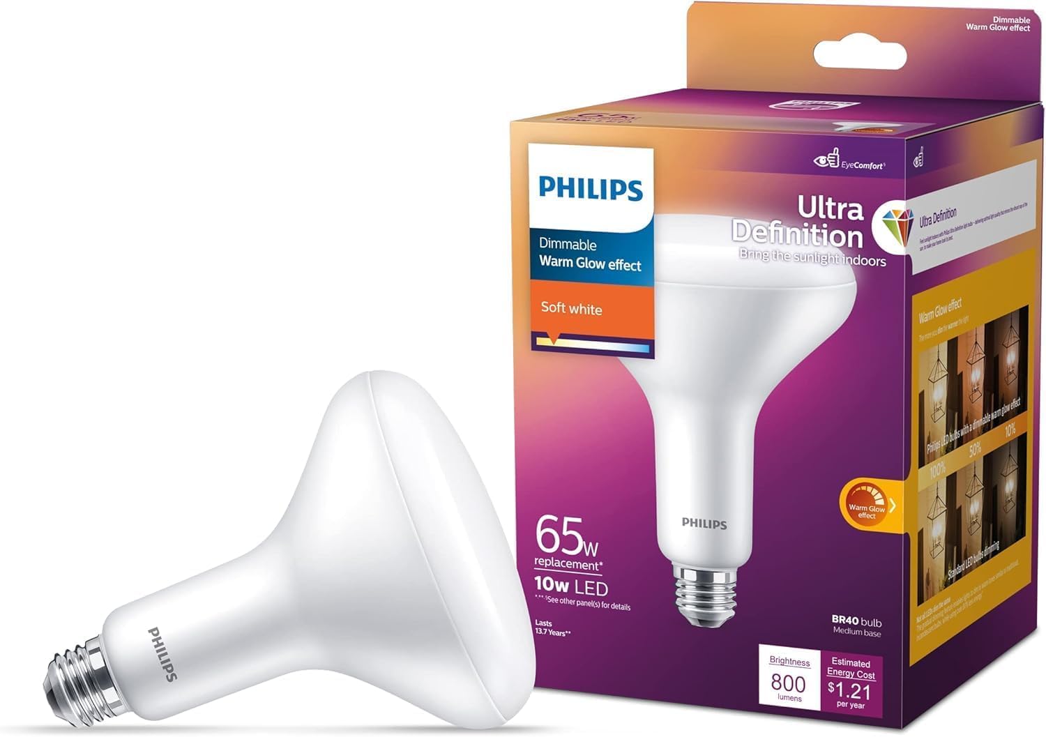 Philips LED BR40 Ultra Definition Frosted Dimmable LED Light Bulbs - Flicker-Free 65w Light Bulbs with EyeComfort Technology - S