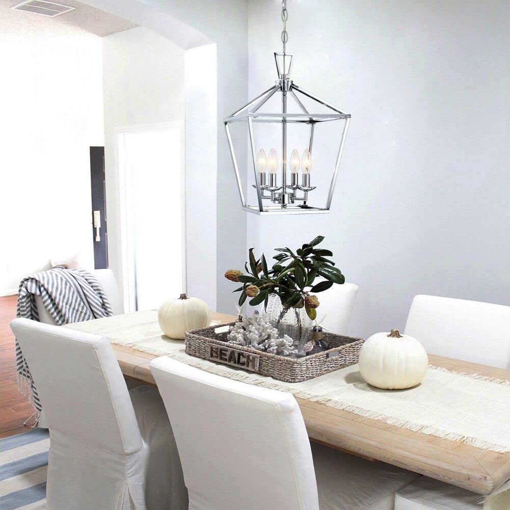 Untrammelife 4-Light Lantern Pendant Light Chrome Modern Hanging Pendant Light Fixtures With Adjustable Chain Metal Cage Dimmabl