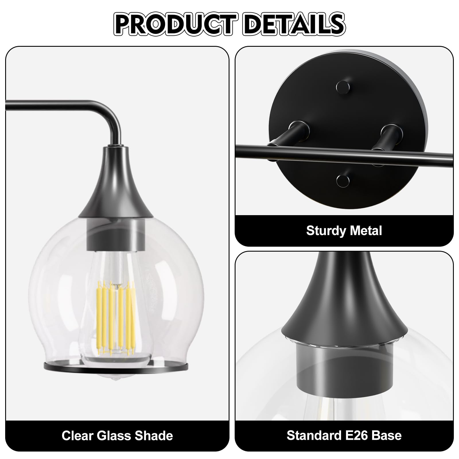 Lightania Bathroom Light Fixtures, 4-Light Vanity Lights with Clear Globe Glass Shade, Modern Black Bathroom Vanity Light, Bathr