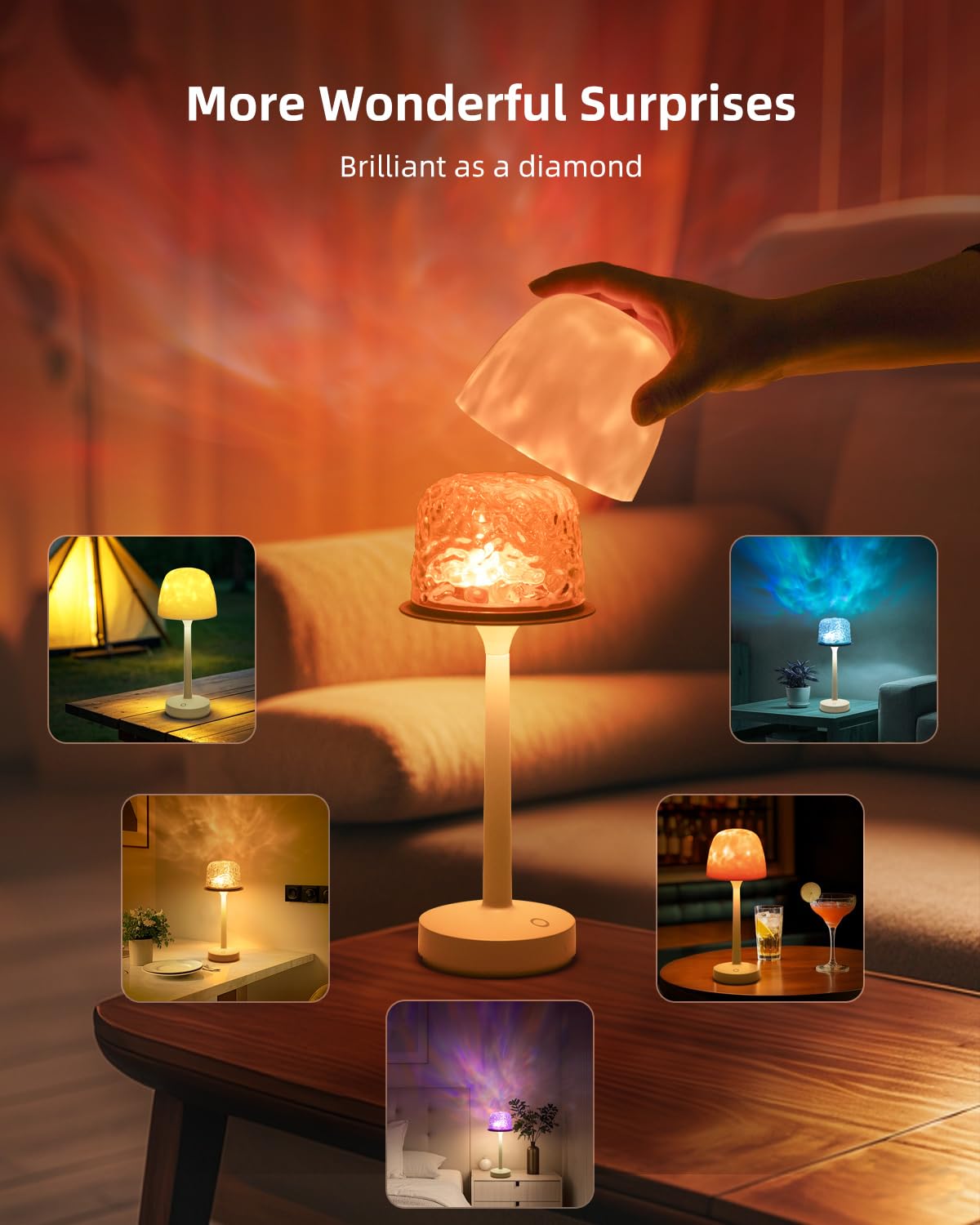 Ocean Wave Cordless Projector Light, Rgb Color Changing Table Lamp, Portable Battery Night Light Led Aurora Projector With Remot