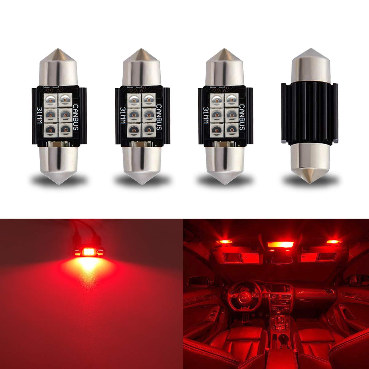 iBrightstar DE3175 Festoon LED Bulbs, Error Free, 31mm, Red, for Interior Map Dome and License Plate Lights