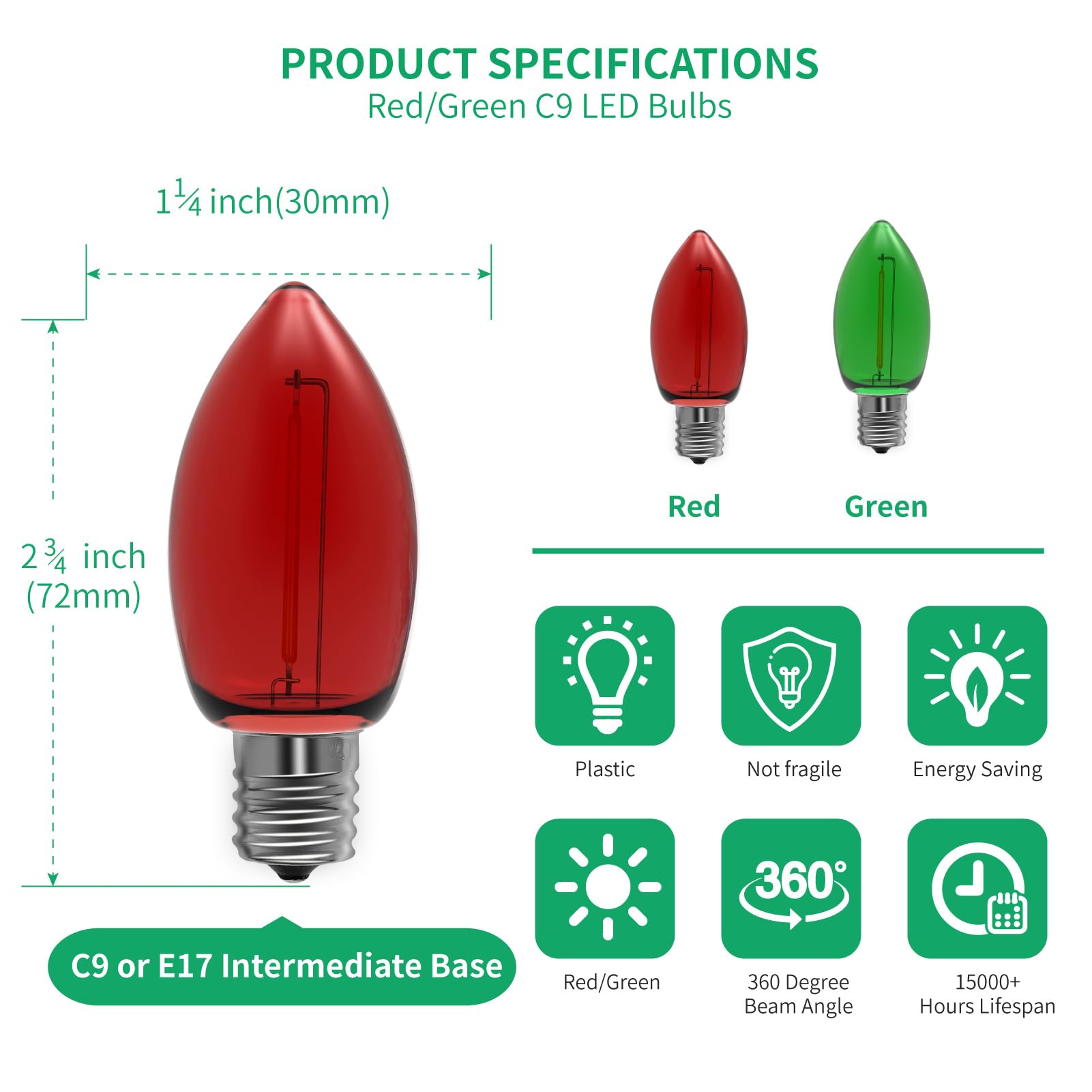 Meconard C9 Led Replacement Christmas Light Bulbs, C9 Shatterproof Led Bulbs For Christmas Indoor Outdoor String Lights, Mini Bu