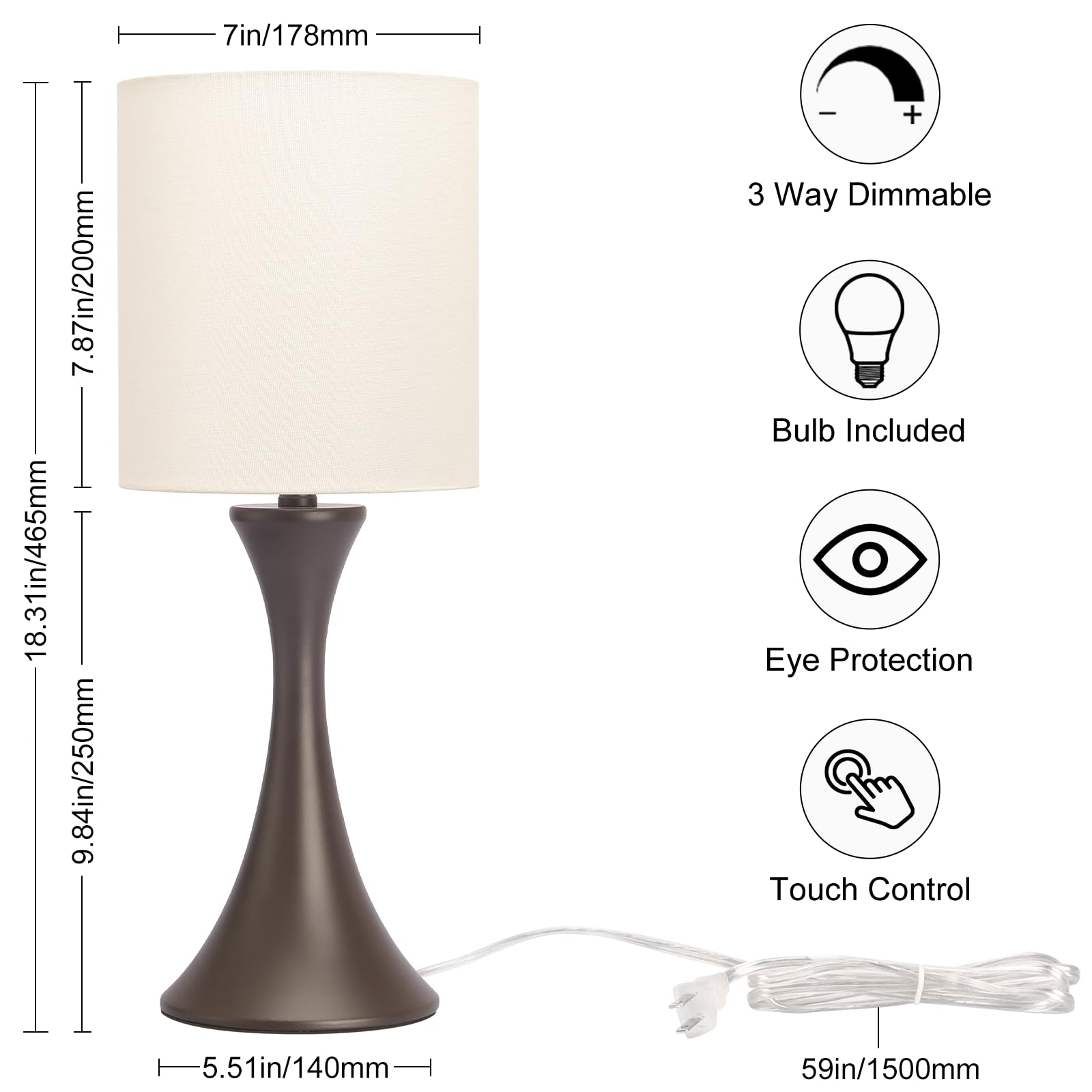 3 Way Touch Control Table Lamp, Modern Bedside Lamp Dimmable Nightstand Lamp With Beige Shade And Dark Brown Base, Small Desk La