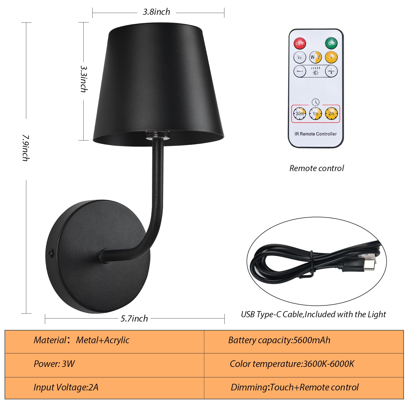IMQSQIK LED Wireless Wall Lamp Set of 2, Rechargeable, Touch Control, Black, Model RQ-14-2Pack