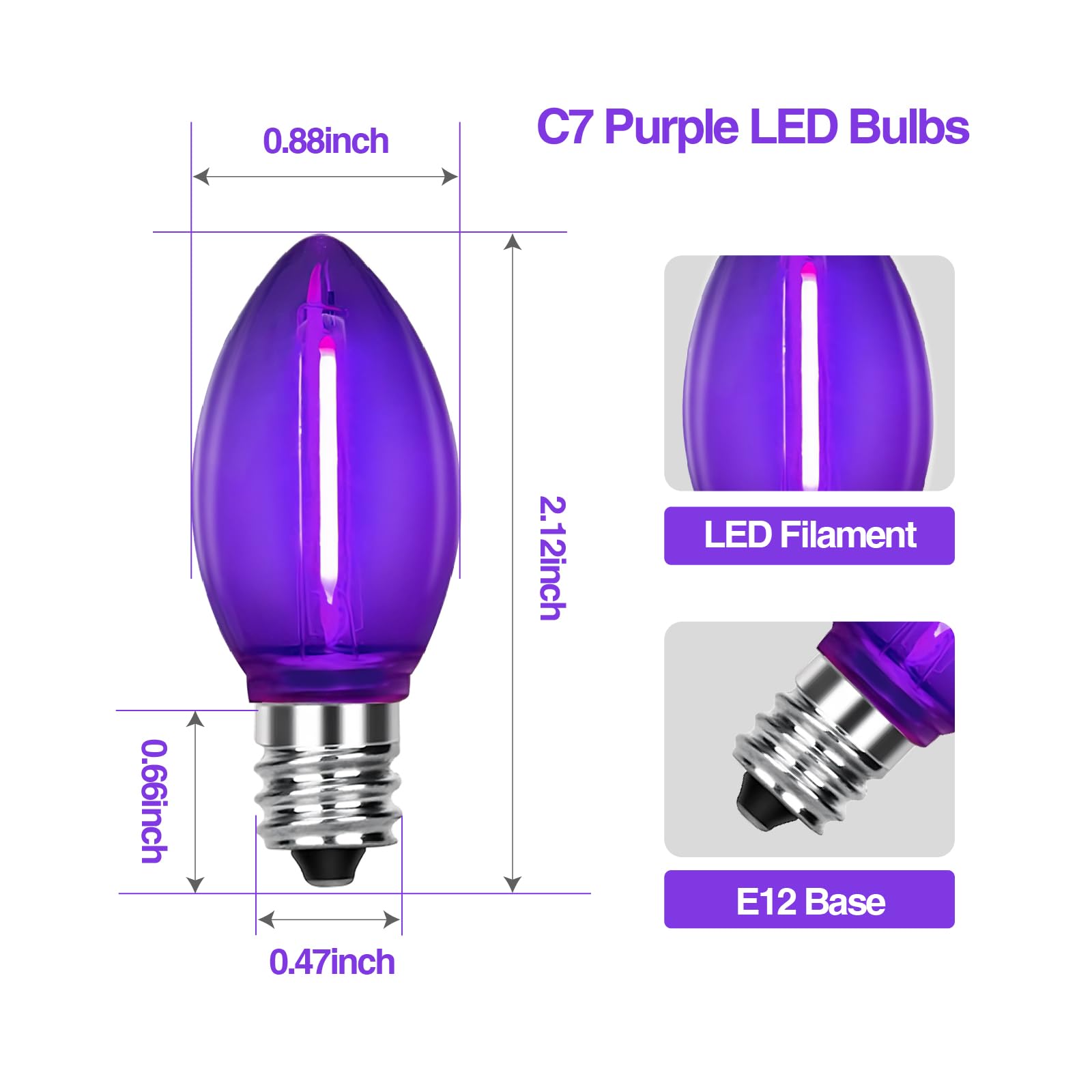 Chysuper 25 Pack C7 Replacement Bulbs  Dark Purple Led Halloween Light Bulbs  E12 Candelabra Base For Christmas Thanksgiving Xmas Tree Holiday Patio Outdoor String Lights Decor