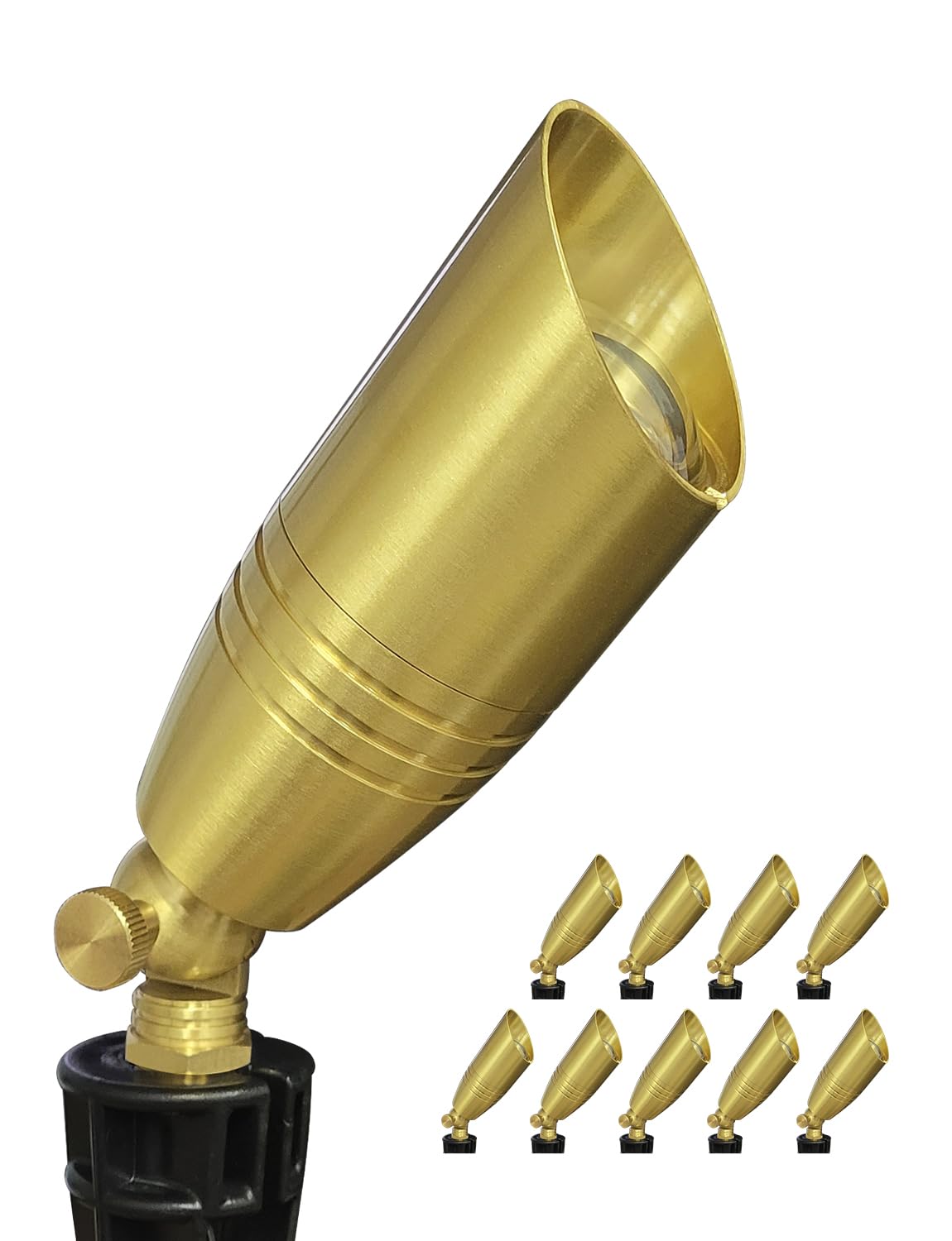 Coloer Die-Cast Brass Landscape Spotlight 10-Pack Without Bulb,12V Ac/Dc Low Voltage Copper Outdoor Lighting With Ground Stake, Directional Garden Patio Spot Up Light (102B Brass Finish)