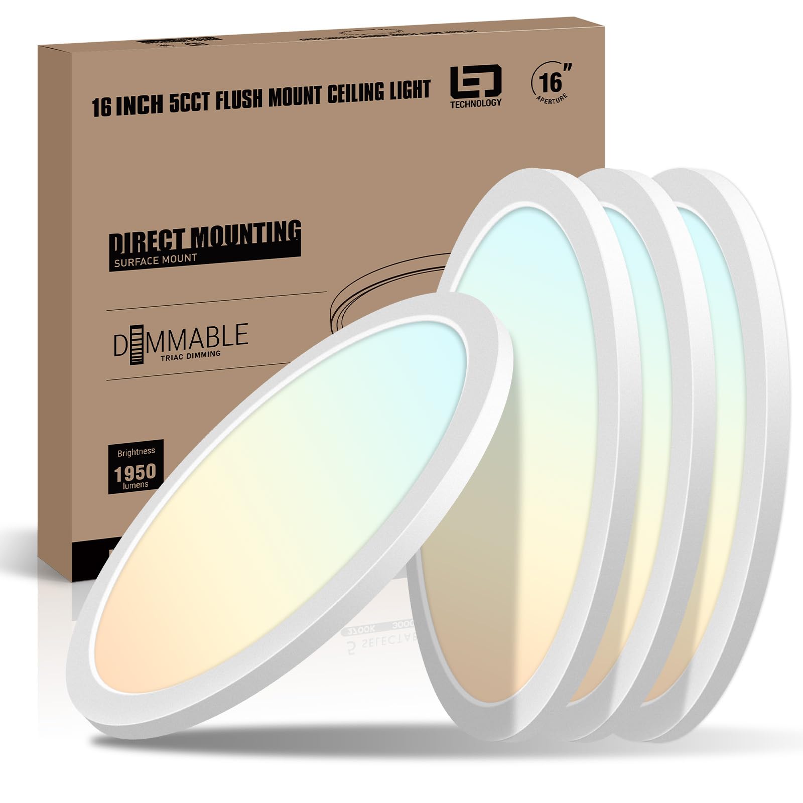 mw 16 Inch LED Round Slim Flush Mount Ceiling Light, 30W, 5CCT, Dimmable, LED Ceiling Light Flush Mount, Damp Location for Bedro