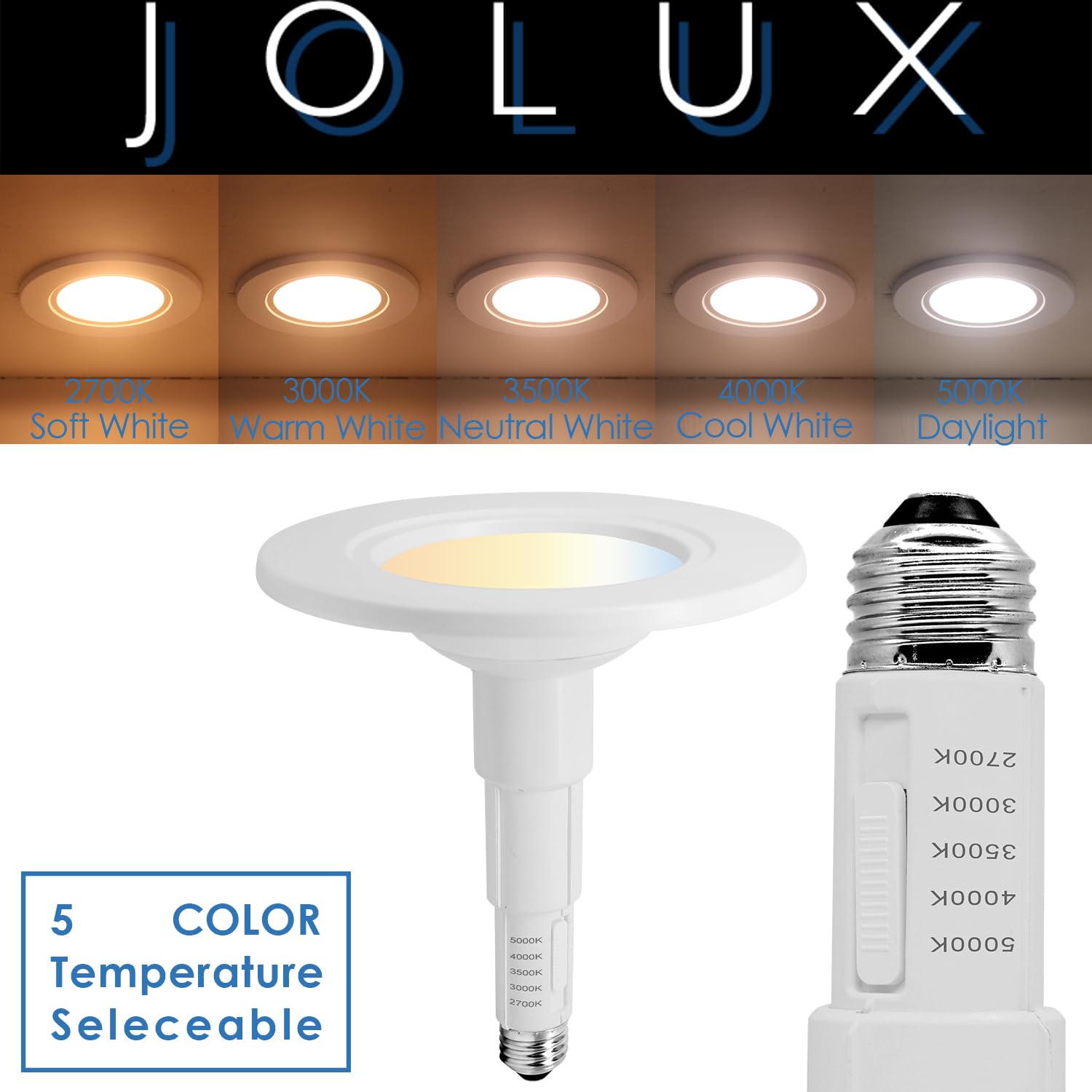 Jolux 5/6 Inch 5CCT Retrofit LED Recessed Lighting 12-Pack, Dimmable, E26 Base, Flat Trim, Adjustable 2700K-5000