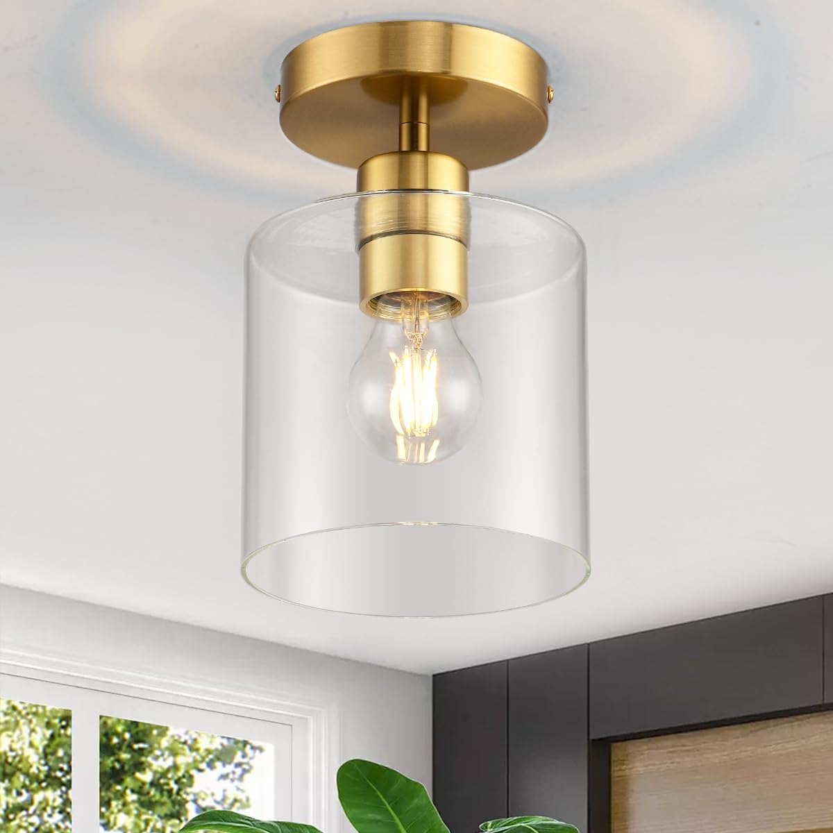 Klss Brass Semi Flush Mount Ceiling Light,Gold Modern Ceiling Light Fixture For Closet Hallway Entryway,Hallway Light Fixture Ce