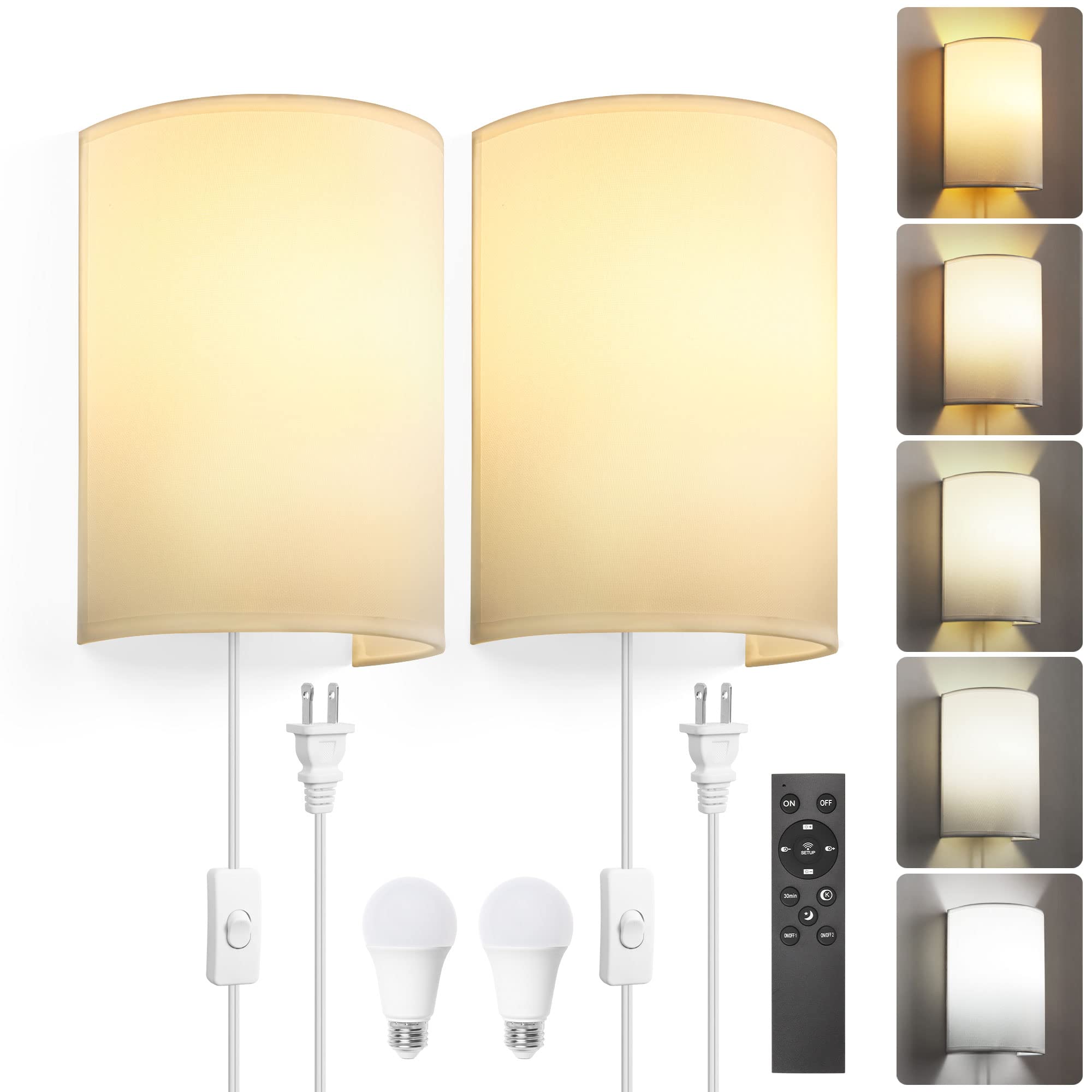 Goodate Plug In Wall Sconces Set Of 2, Dimmable 2700K-6500K, Remote Control,