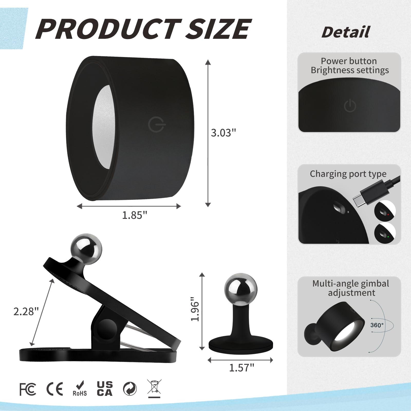 Adetu 2 Pcs Led Wall Mounted Lights, Rgb Wall Sconces Lamp With Rechargeable Battery Operated Usb Port, 3 Color Temperatures & D