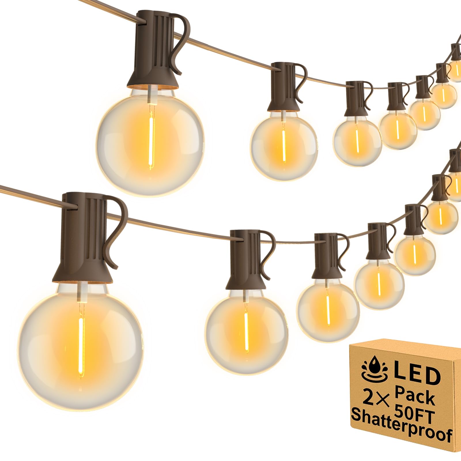 100ft 2-Pack Outdoor String Lights,Dimmable G40 LED String Lights with 52 Shatterproof Clear Bulbs UL Approval Waterproof Globe 