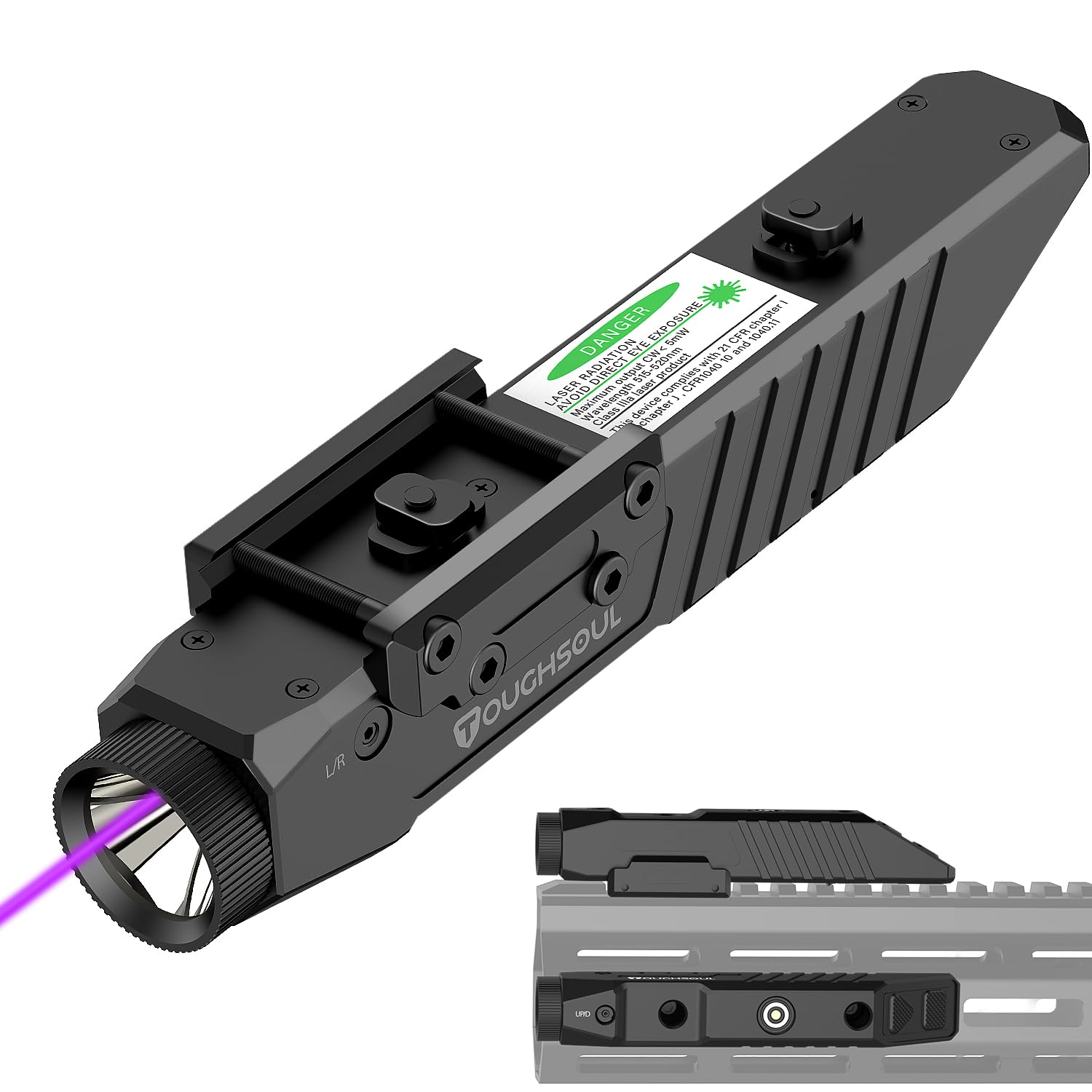 TOUGHSOUL Mlok Picatinny 2 in 1 Tactical Flashlight with Purple Laser Sight Combo  Body Material Polymer 1450 Lumen Light with Rechargeable Battery