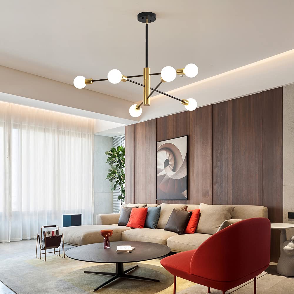 Deyidn Sputnik Chandelier - Mid Century Modern 6-Light Pendant Lighting In Black Gold