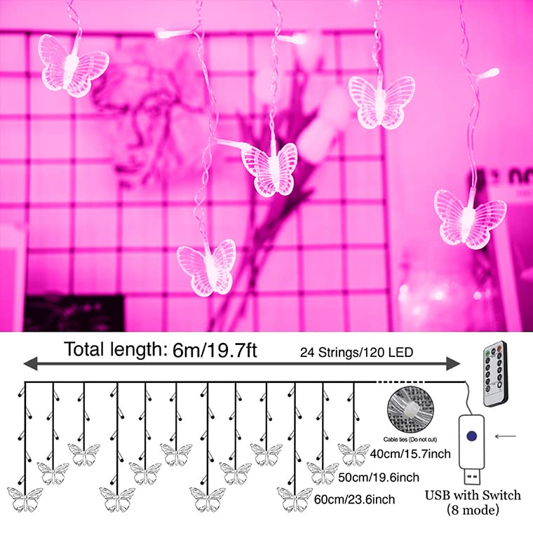 Felishine Pink Butterfly Curtain Fairy Lights - 120 Led, 8 Modes, Usb, Waterproof, Remote
