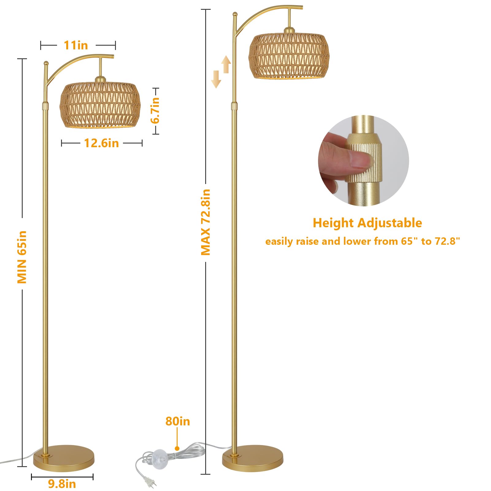 Eyassi Arc Floor Lamp With 3 Color Temperatures, Led Gold Floor Lamp With Remote & Stepless Dimmable Bulb, Boho Standing Lamp Wi