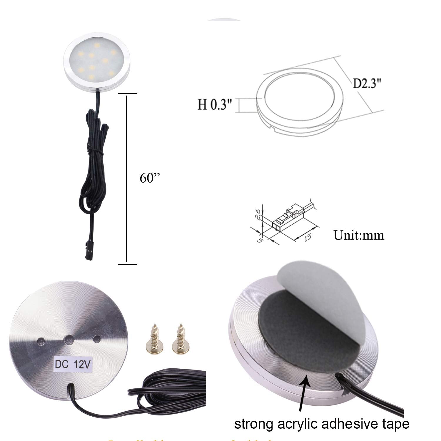 AIBOO 12V LED Under Cabinet Lighting Kit - 3 Pack Slim Aluminum Puck Lights, Natural White, Includes 2-Way Switch and All Accessories