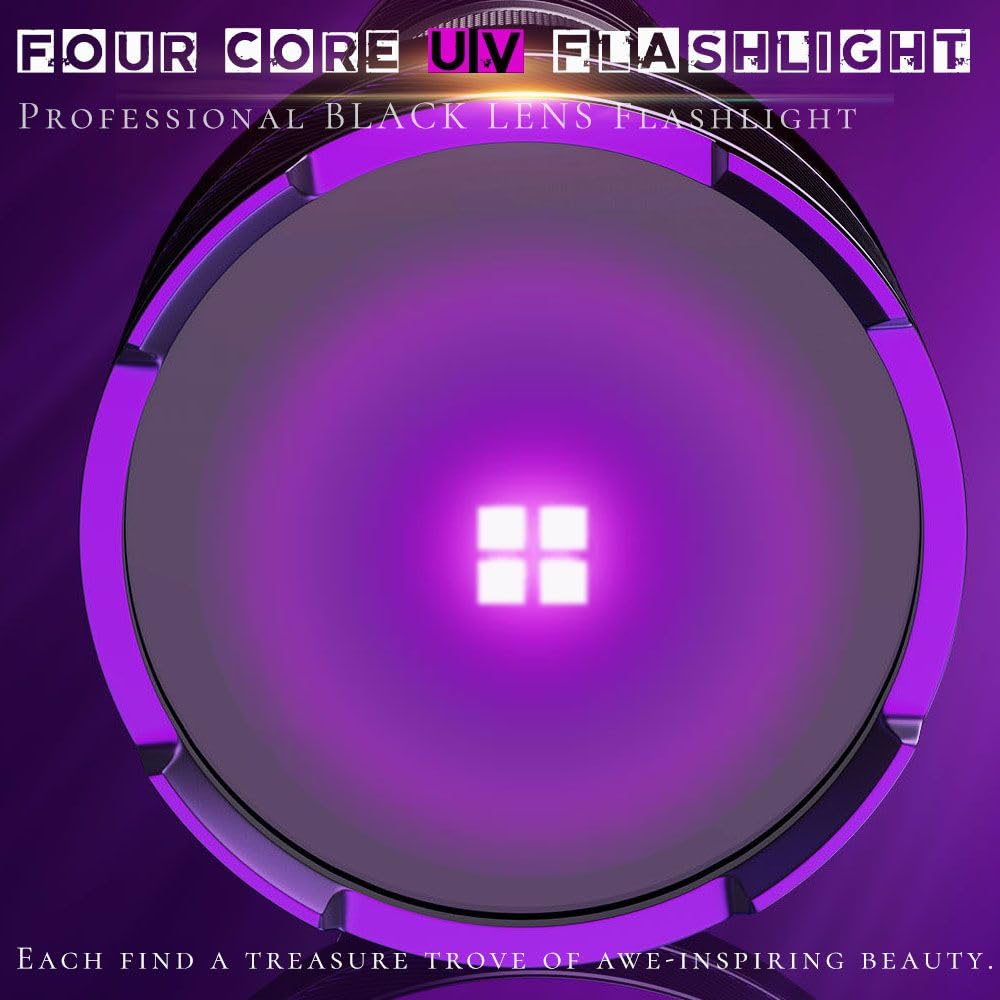 LBJD UV Blacklight Flashlight, 4-Core LED, Anodized Aluminum, High Power, Black & Purple, Model UVJ5