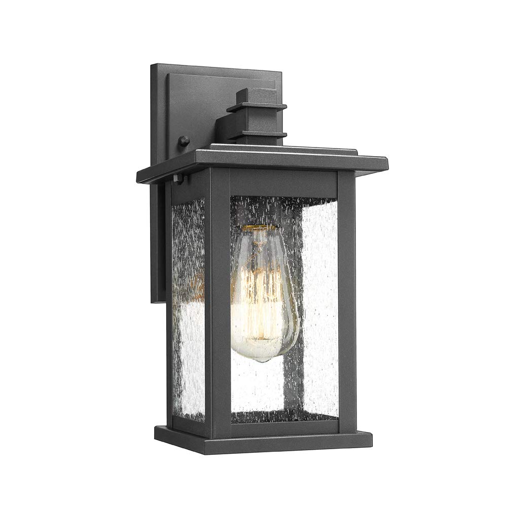 Emliviar 1-Light Outdoor Wall Sconce, Black Lantern With Clear Seeded Glass, Medium Size