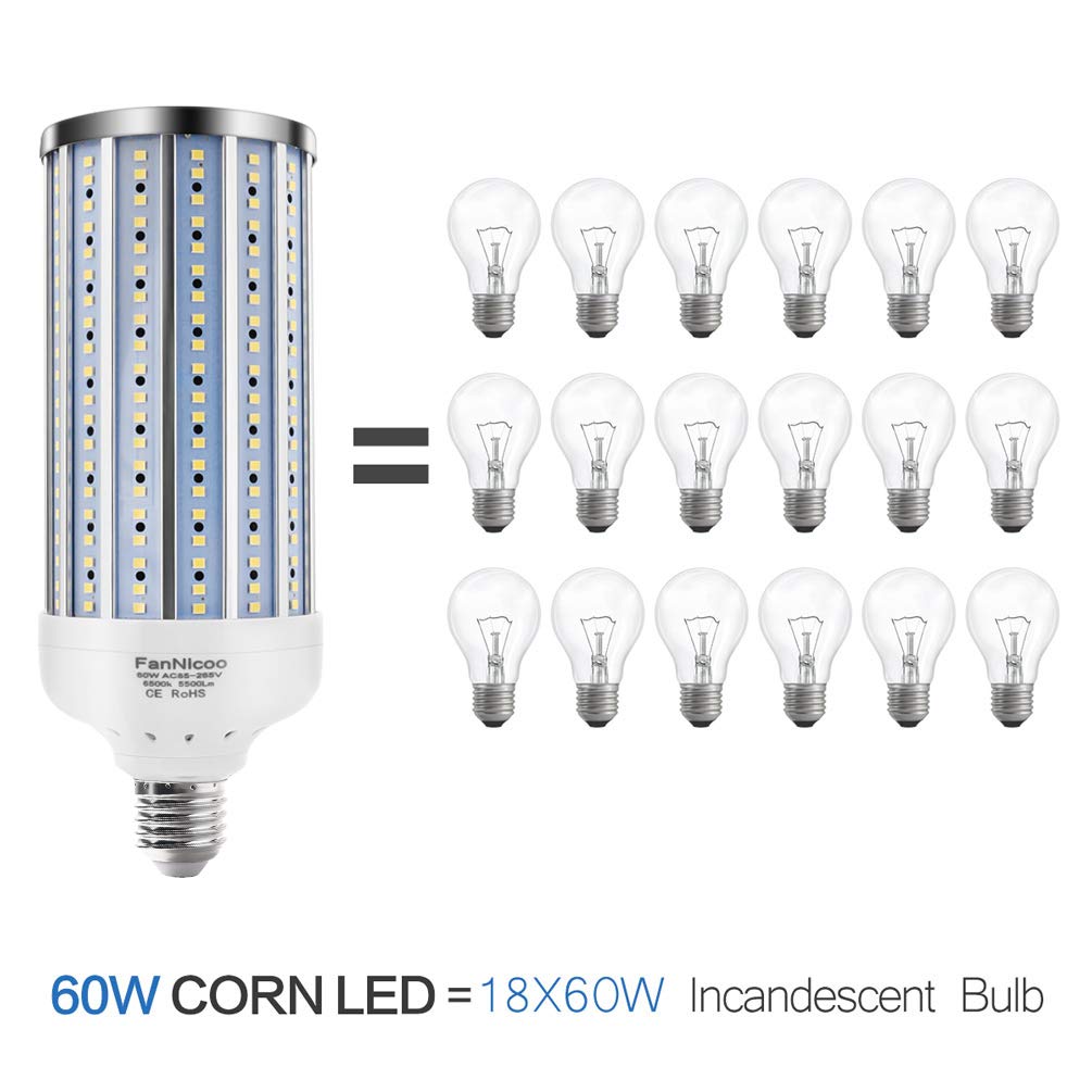 FanNicoo LED Corn Light Bulb 2 Pack, 500W Equivalent, 5500 Lumen, 6500K Cool Daylight, E26/E27, Metal, Indoor/