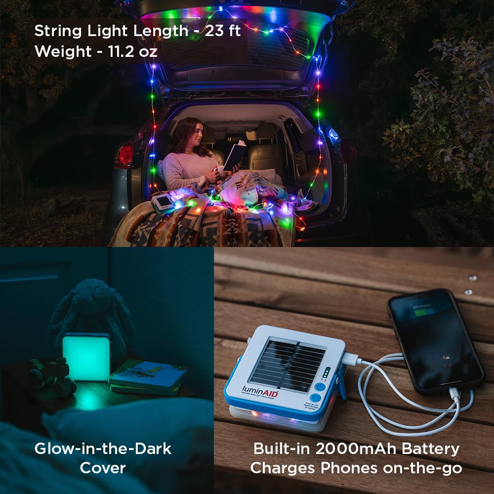 Luminaid Color Solar String Light With Phone Charger - Multicolor Tent Lights For Camping - 23 Ft Rechargeable String Lights Per