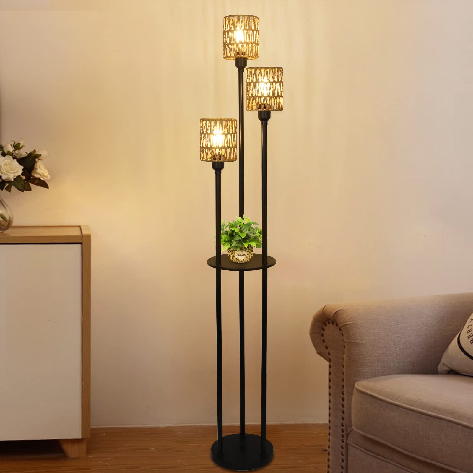 Stepeak Boho Floor Lamp - 3-Light Rustic Standing Lamp With Rattan Shades, Black - Model 221105A1 For Living Room, Bedroom, Office