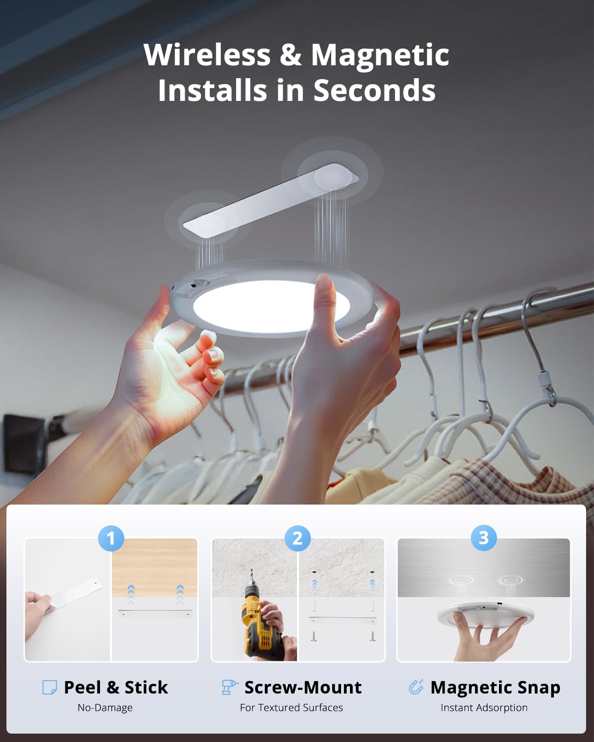 Combuh 4-Pack Battery Powered Motion Sensor Light, 7.48'' Ip44 Waterproof Shower Lamp Without Wiring, Ultra Thin 3 Colors Adhesi