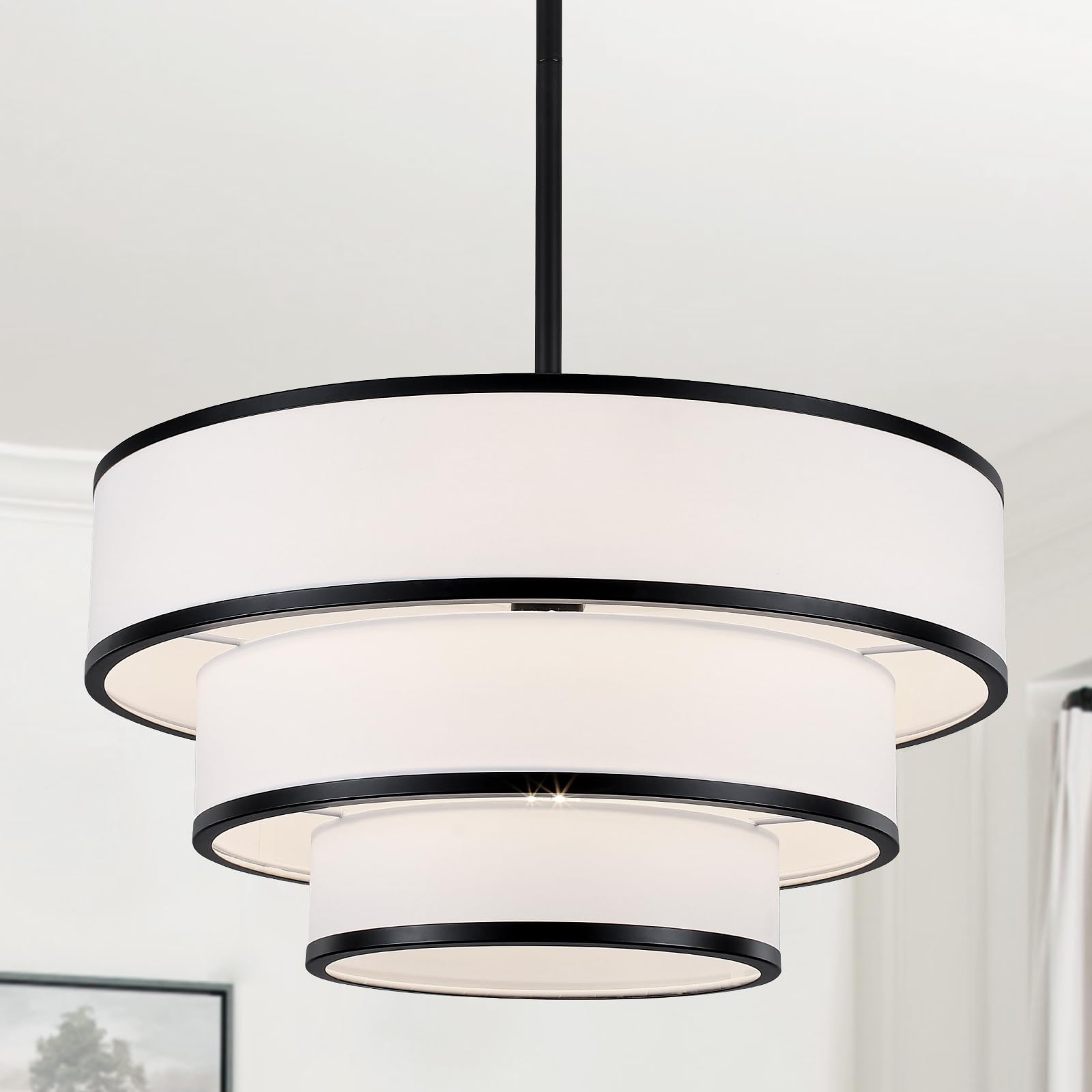 LWYTJO 3-Tier Drum Chandelier, 19.8in  White Fabric, 5-Light Pendant Light for Dining Room, Modern Farmhouse Design