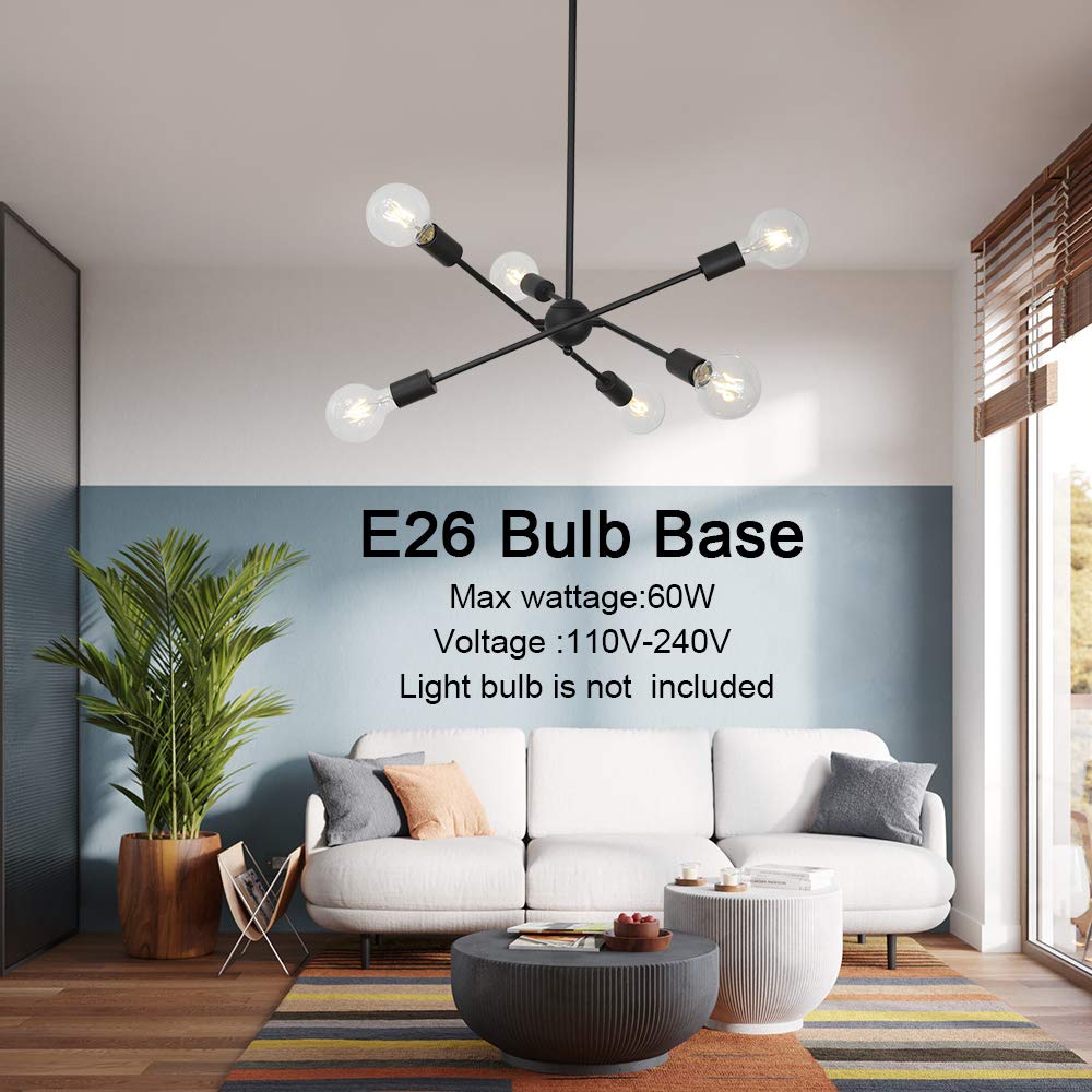 BONLICHT Sputnik Chandelier 6 Lights Metal Black Vintage Industrial Pendant Light for Kitchen Dining Room Bedroom Foyer
