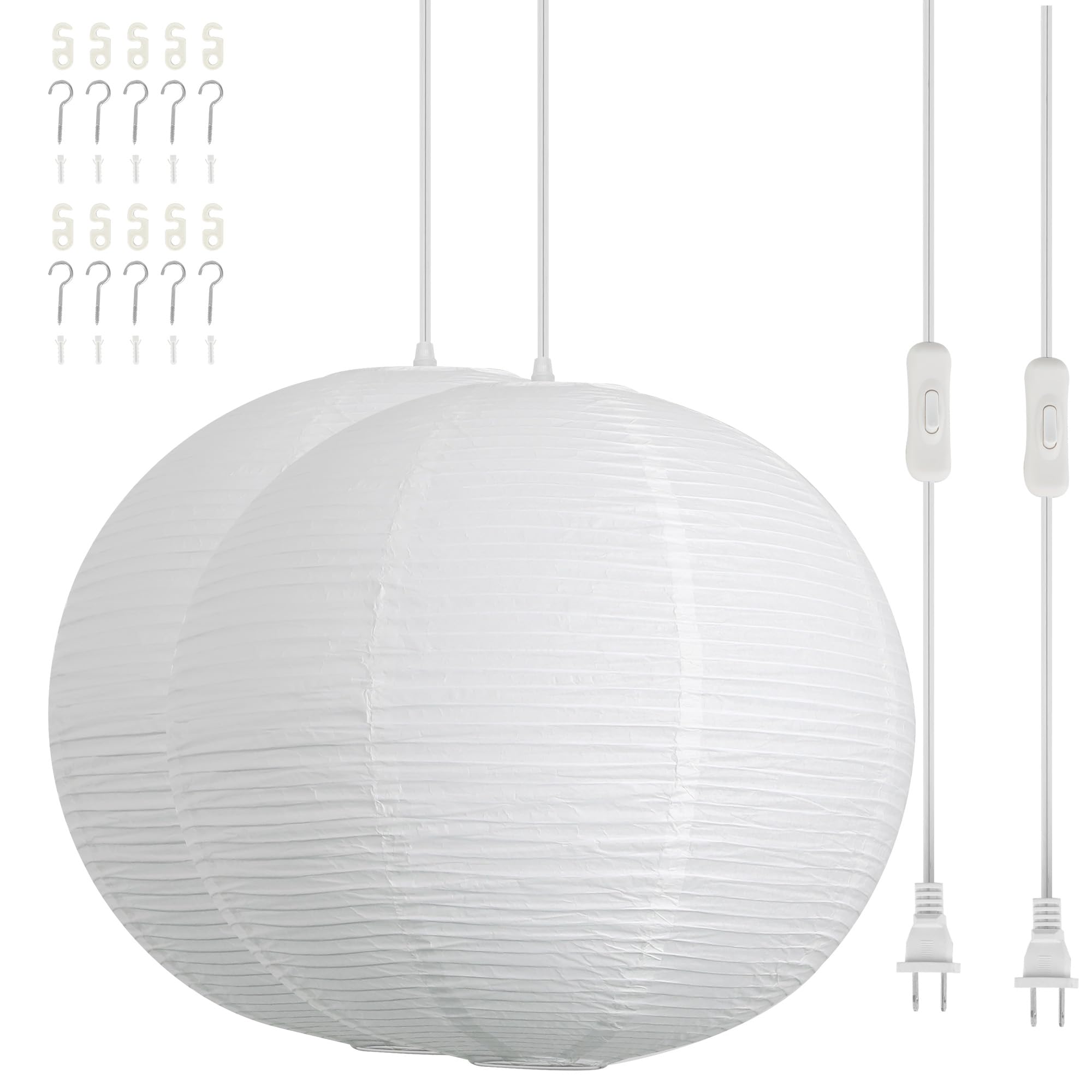 Fivemengo Paper Lantern Lamp Plug in Hanging Lamp, 20in White Rice Paper Pendant Light with 19.7FT Cord Large Globe Japanese Jap