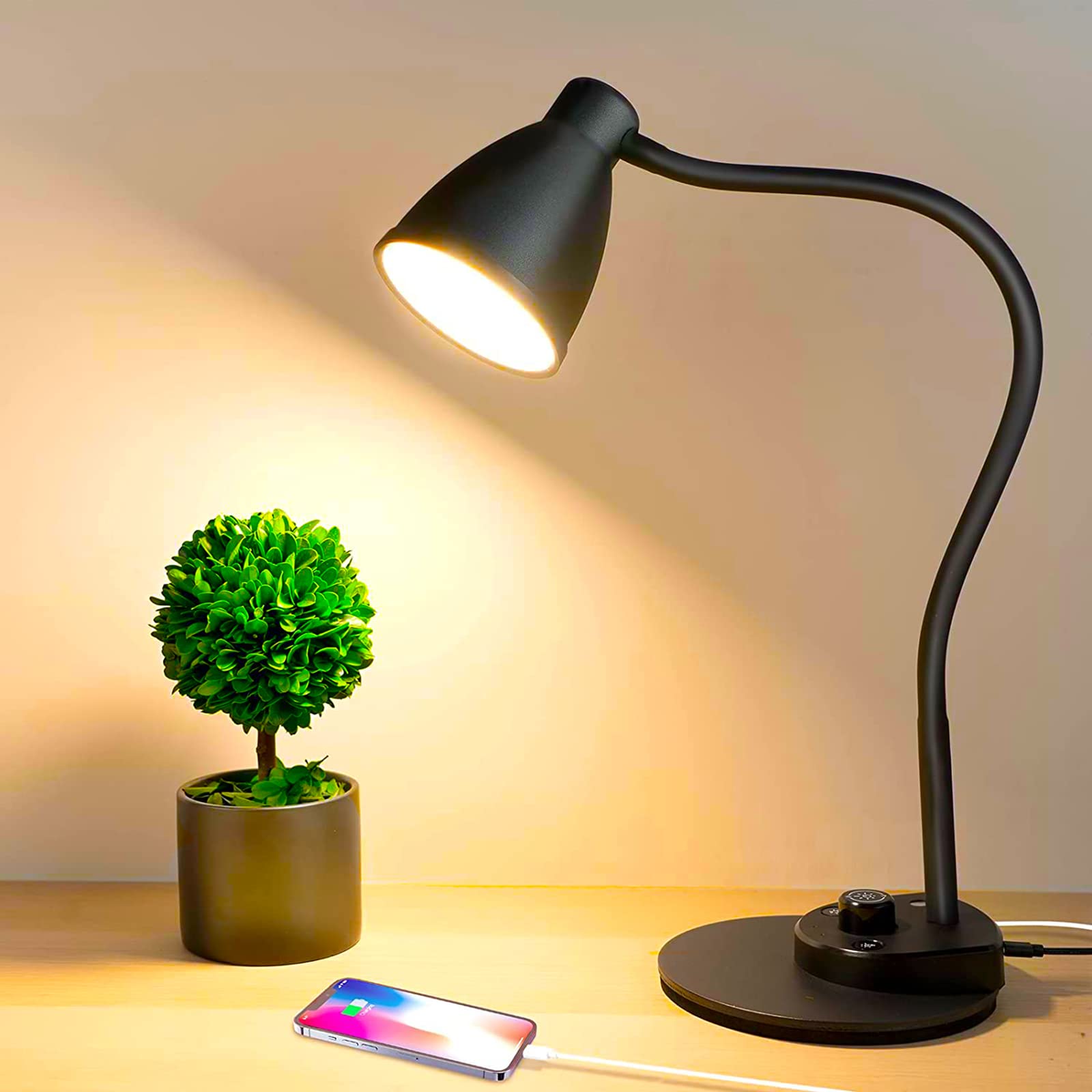 BOHON LED Desk Lamp with USB Charging Port, Dimmable, 3 Color Modes, Flexible Gooseneck, Matt Black