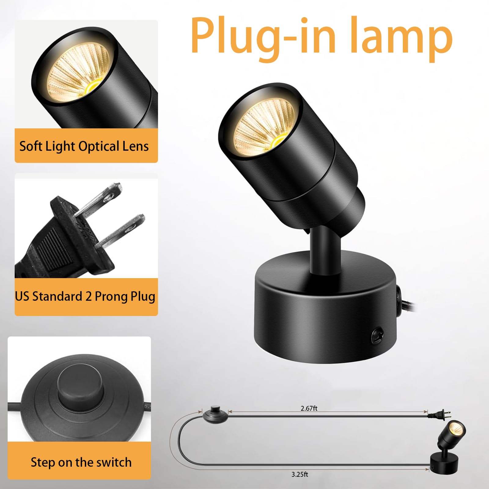 MIOBLUE LED Spotlights Indoor, 3W Dimmable with Remote Control, 3 Colors, Accent Light, 5.9 FT Cord, Model 03Spot-B, Color Black
