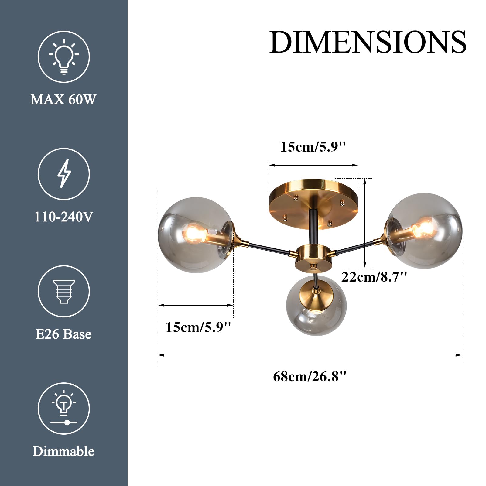 Kco Lighting 3-Light Modern Glass Globe Flush Mount Ceiling Light Mid-Century Matte Black And Gold Metal Sputnik Chandelier Vint