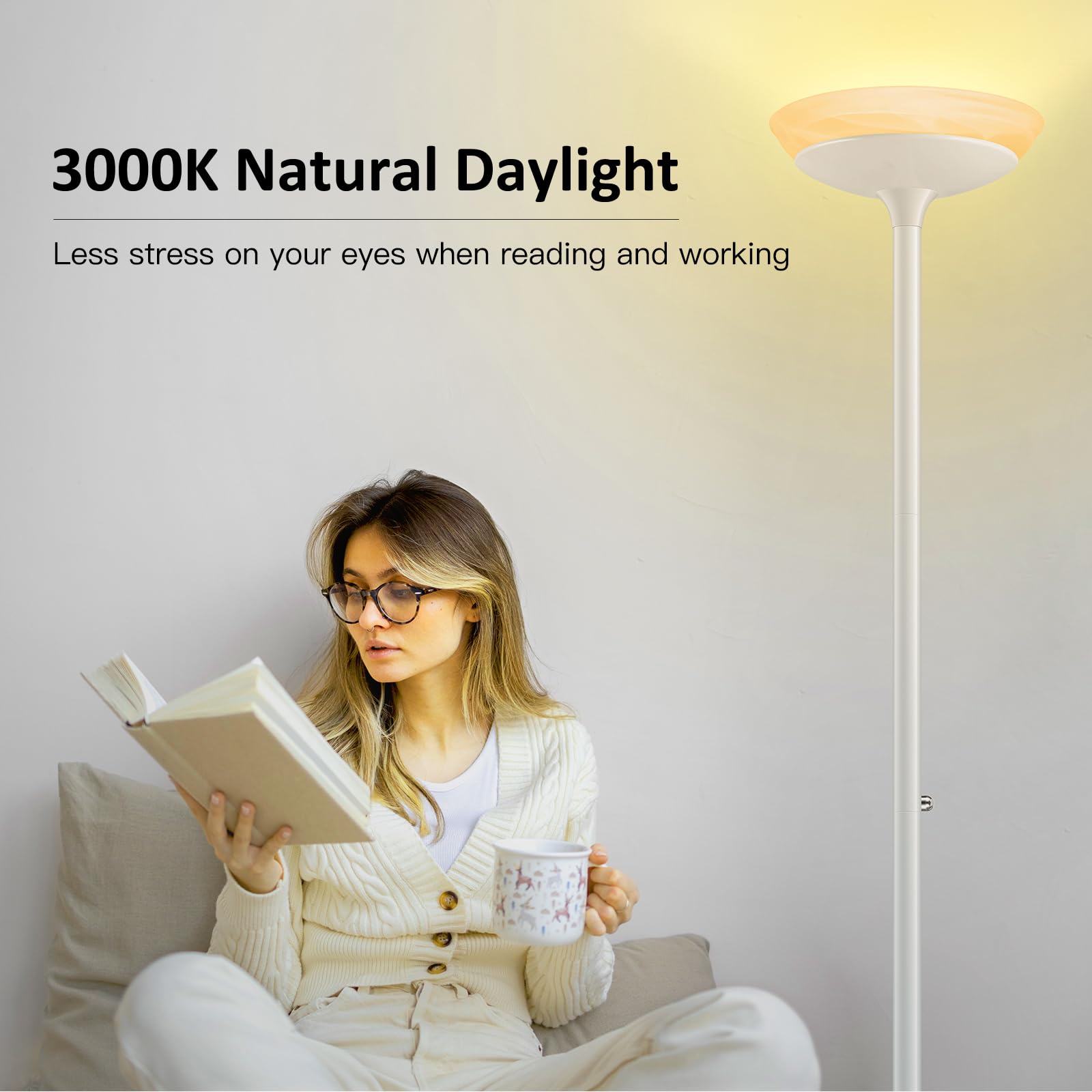 Boostarea Torchiere Floor Lamp, 24W Super Bright Led Standing Lamp, Stepless Dimmable Pole Lamp With 3000K Lighting, Glass Lamps