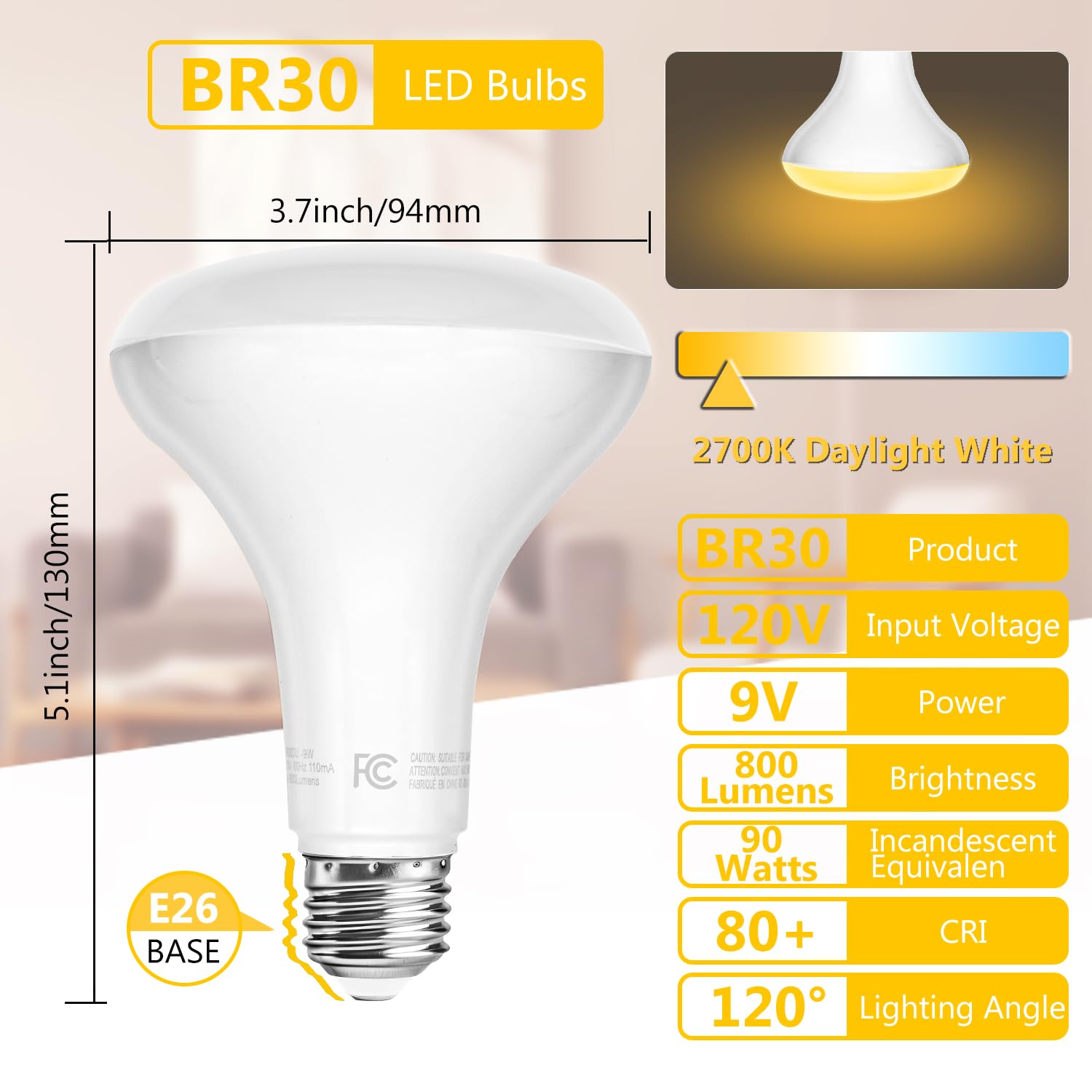 Dalattin 6 Pack Br30 Led Bulbs 65W Equivalent, Dimmable Indoor Flood Lights 2700K Soft White, 9W, 800 Lumens, E26 Base, Led Rece